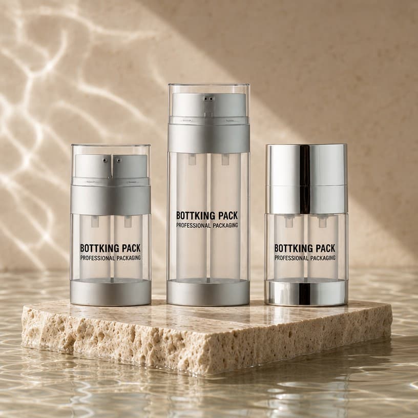 Double Chamber Airless Bottles — A double chamber airless bottle holds two formulas in separate sealed chambers a